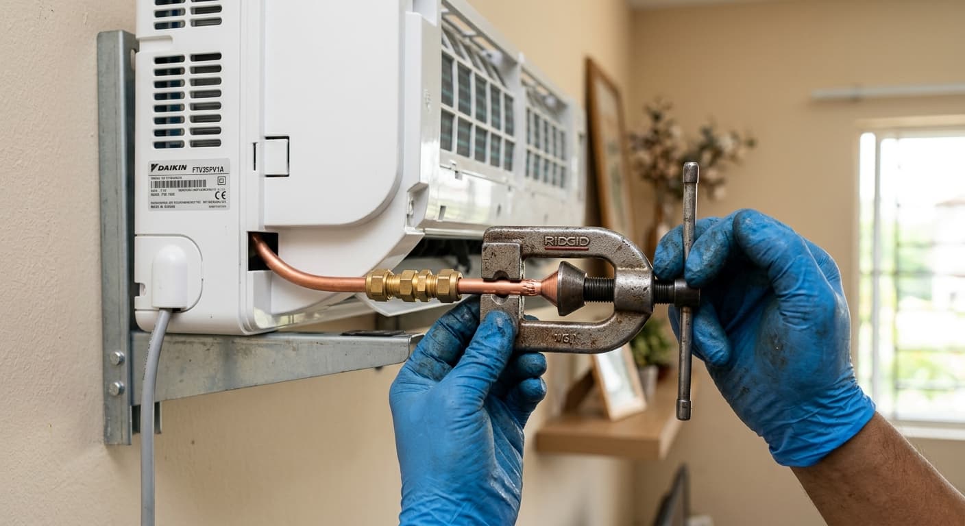 Tangan juruteknik pakar sedang memasang komponen aircond Haier