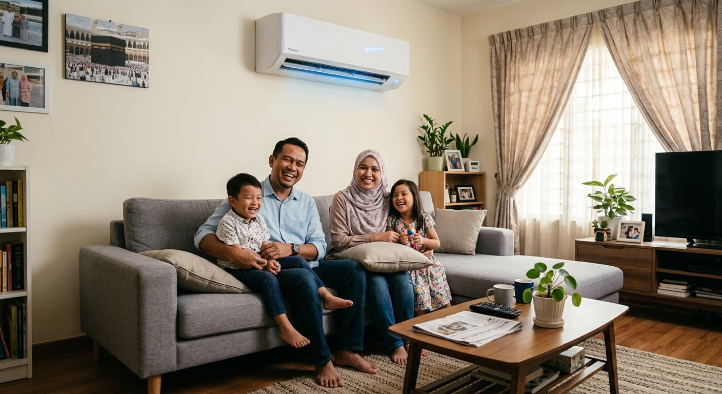 Keluarga gembira menikmati kesejukan aircond Haier di rumah